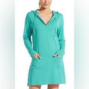 Coolibar Women's Catalina Beach Cover-Up Dress Sz L Teal LS Hoodie SPF 50+Pool